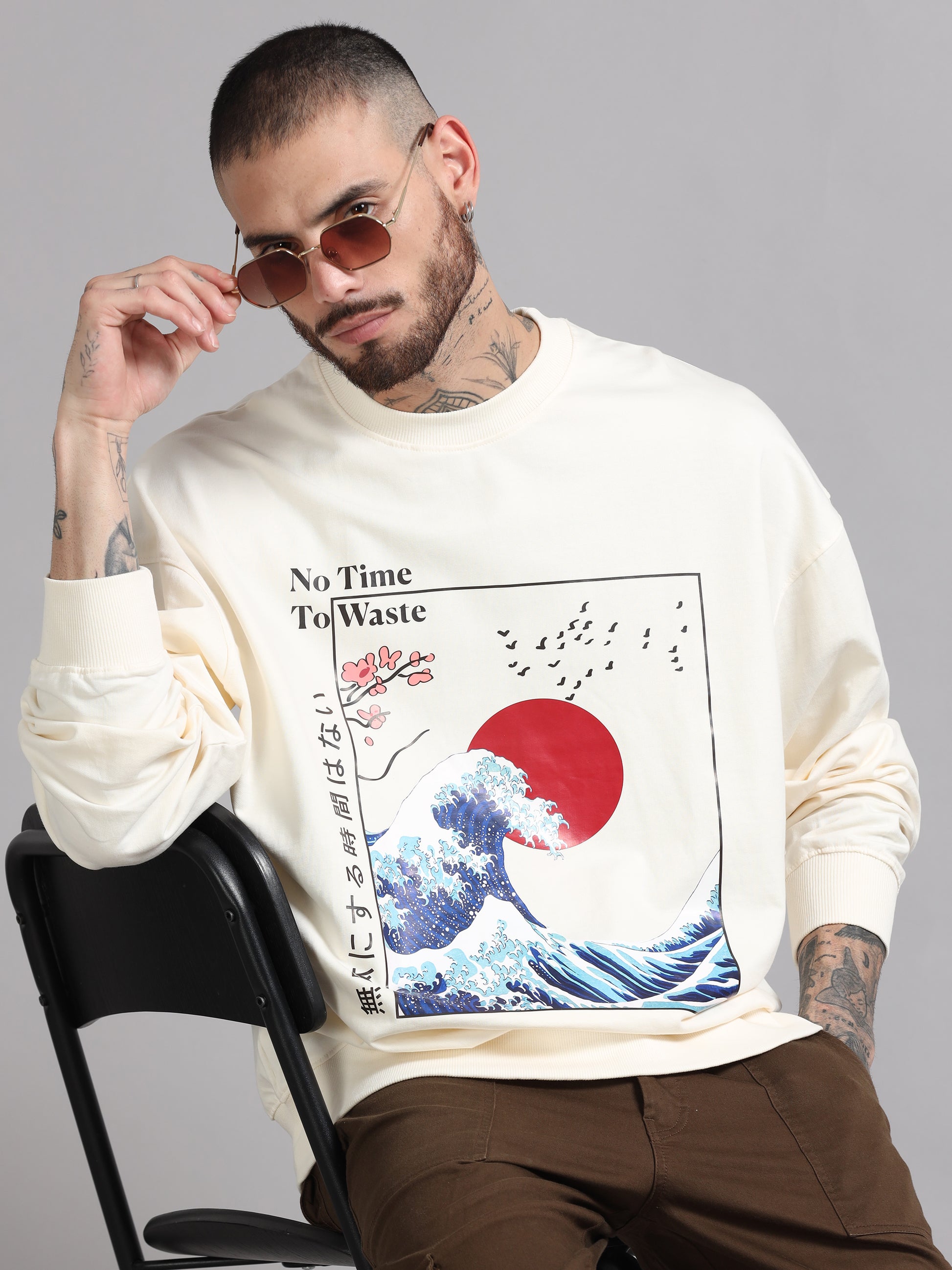 Men Printed Oversized Sweatshirt Pure Cotton Full Sleeve Off White SILISOUL