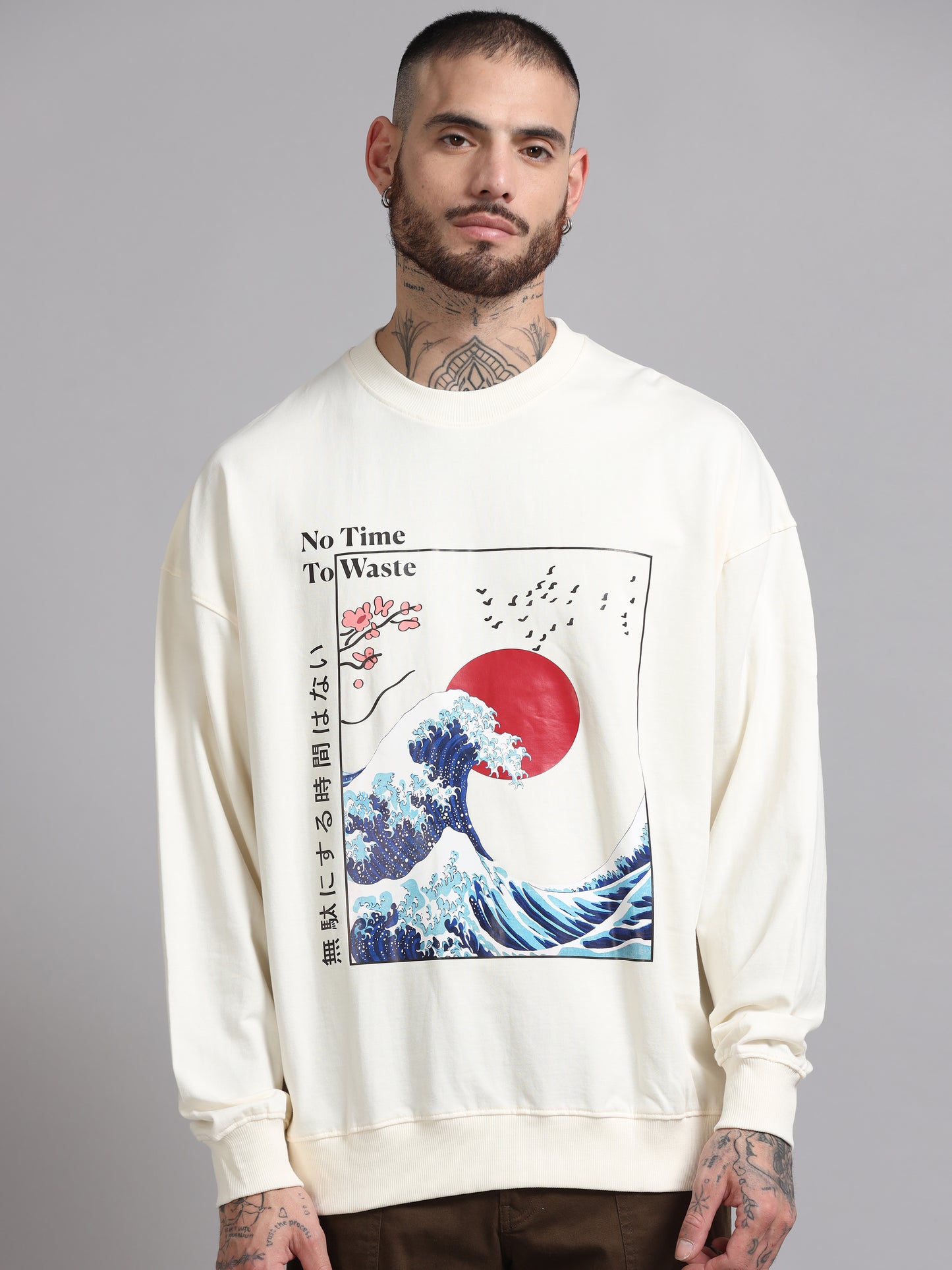 Men Printed Oversized Sweatshirt Pure Cotton Full Sleeve Off White SILISOUL