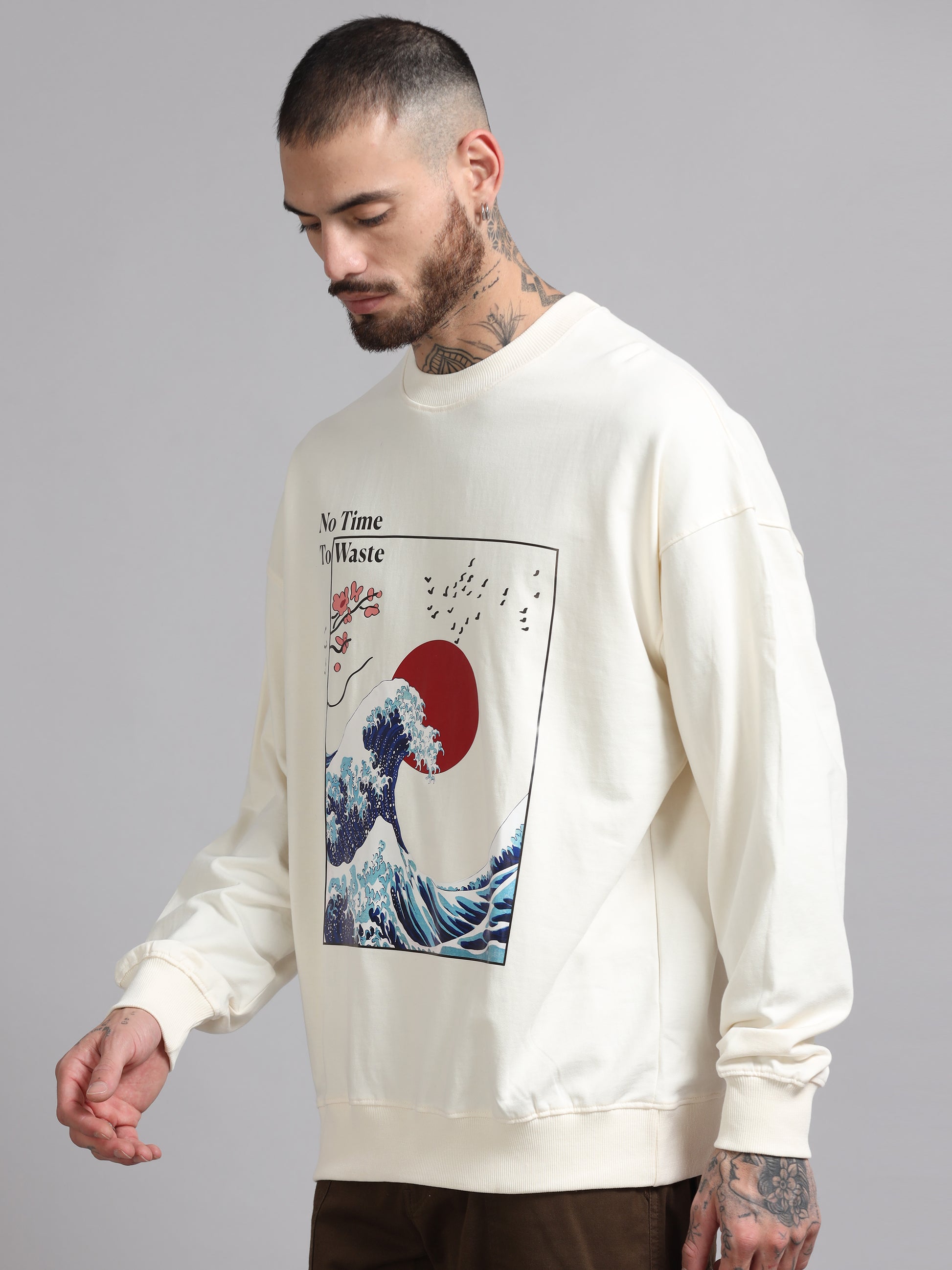 Men Printed Oversized Sweatshirt Pure Cotton Full Sleeve Off White SILISOUL