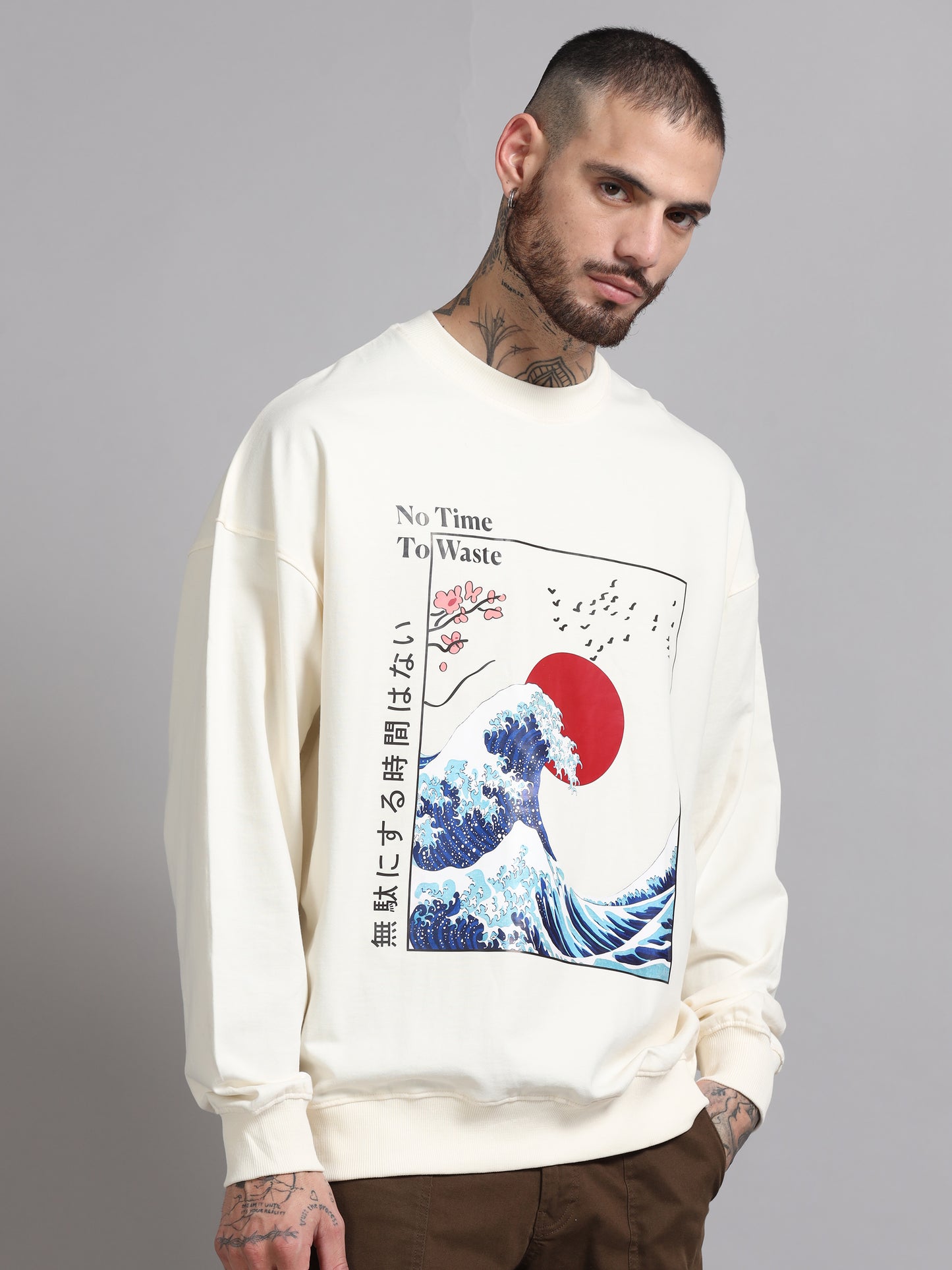 Men Printed Oversized Sweatshirt Pure Cotton Full Sleeve Off White SILISOUL