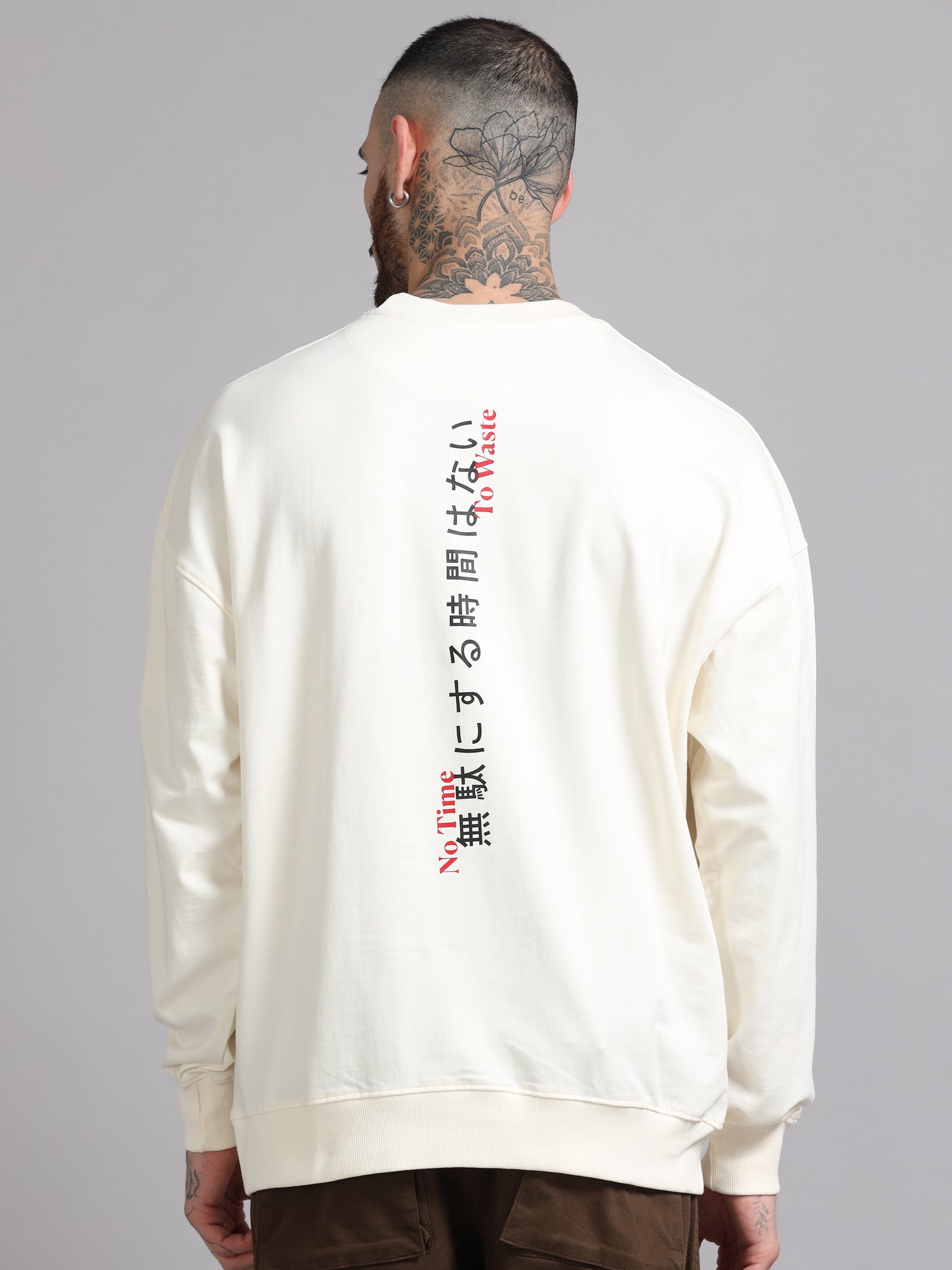 Men Printed Oversized Sweatshirt Pure Cotton Full Sleeve Off White SILISOUL