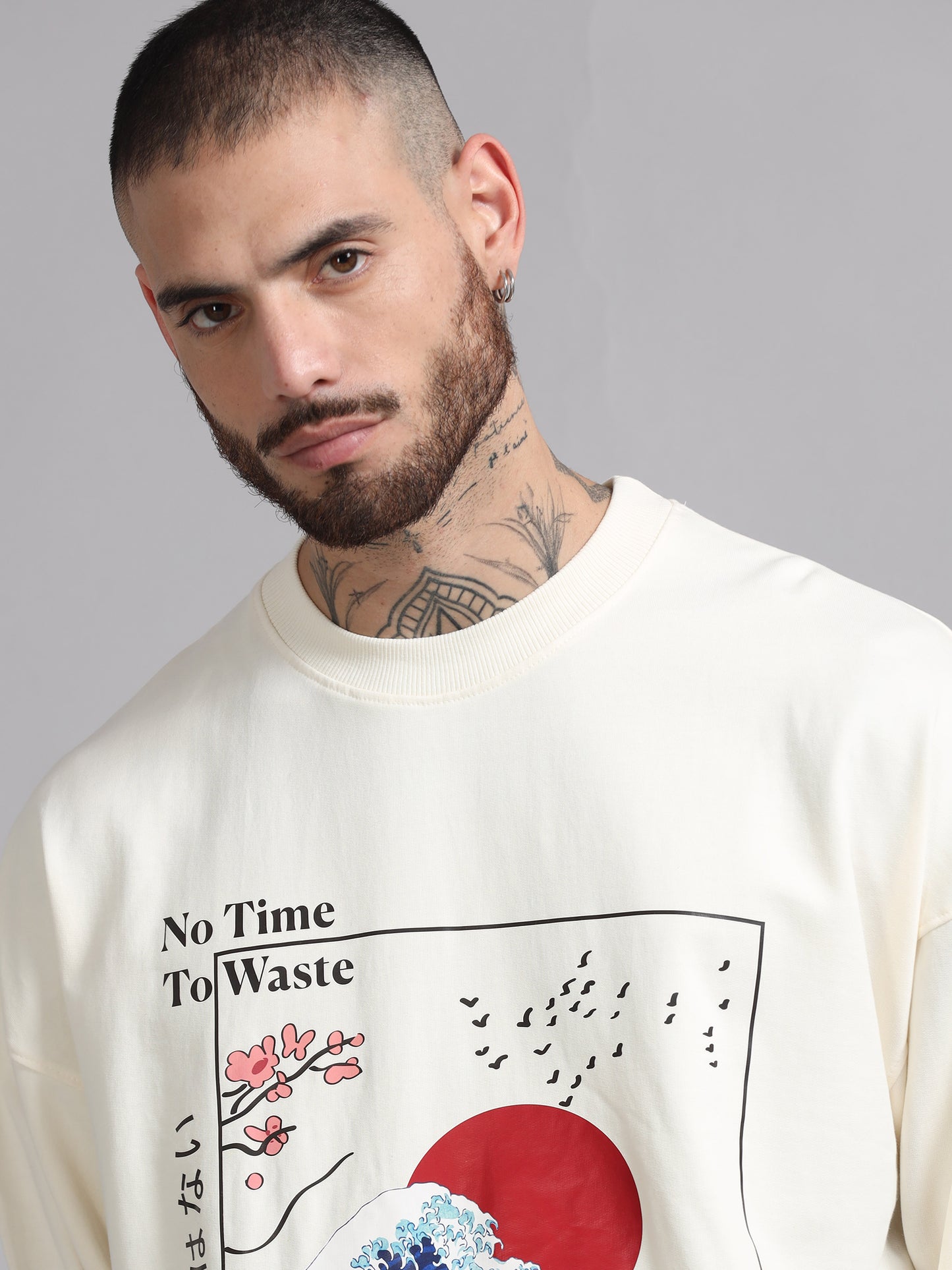 Men Printed Oversized Sweatshirt Pure Cotton Full Sleeve Off White SILISOUL