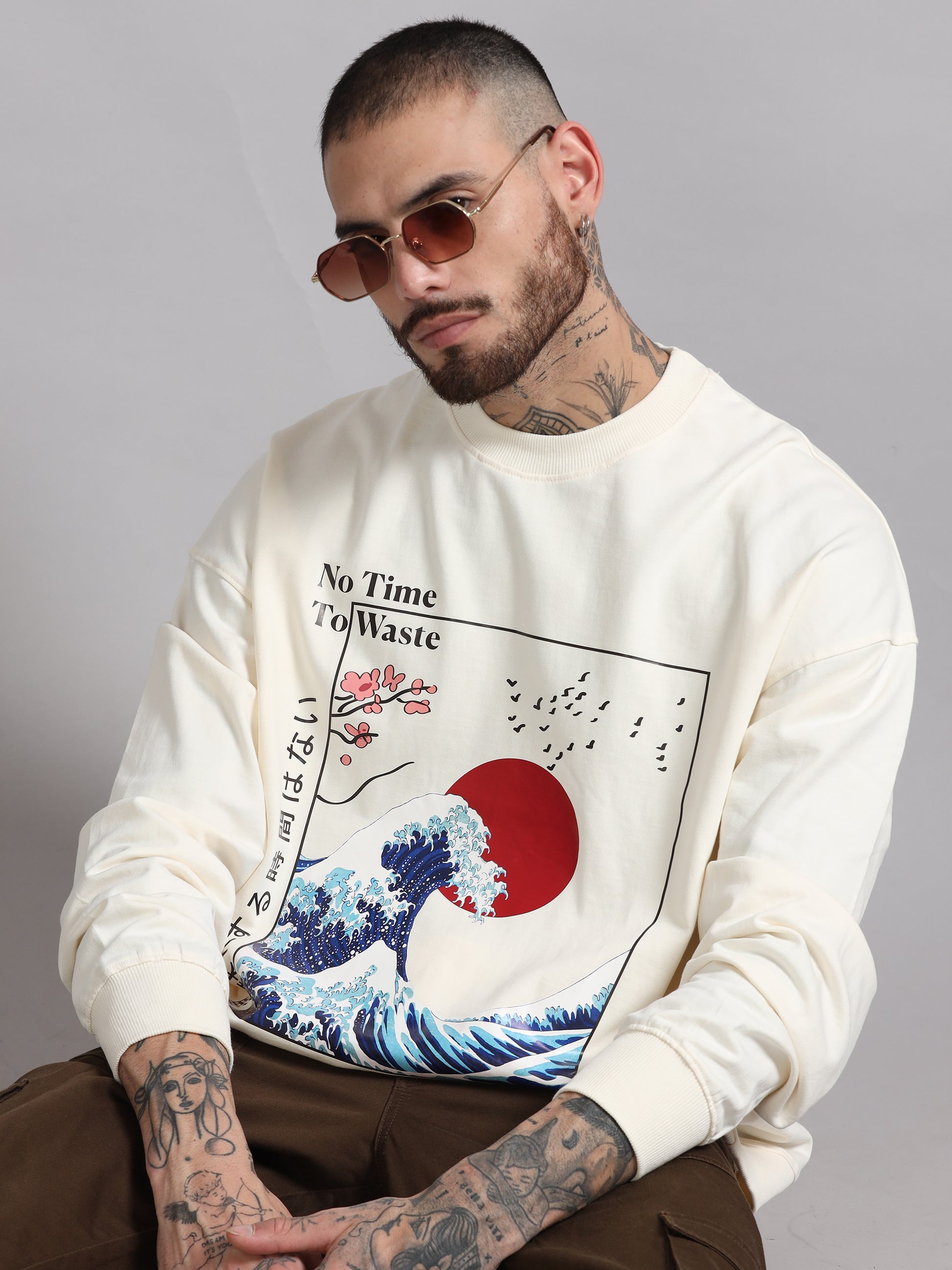 Men Printed Oversized Sweatshirt Pure Cotton Full Sleeve Off White SILISOUL