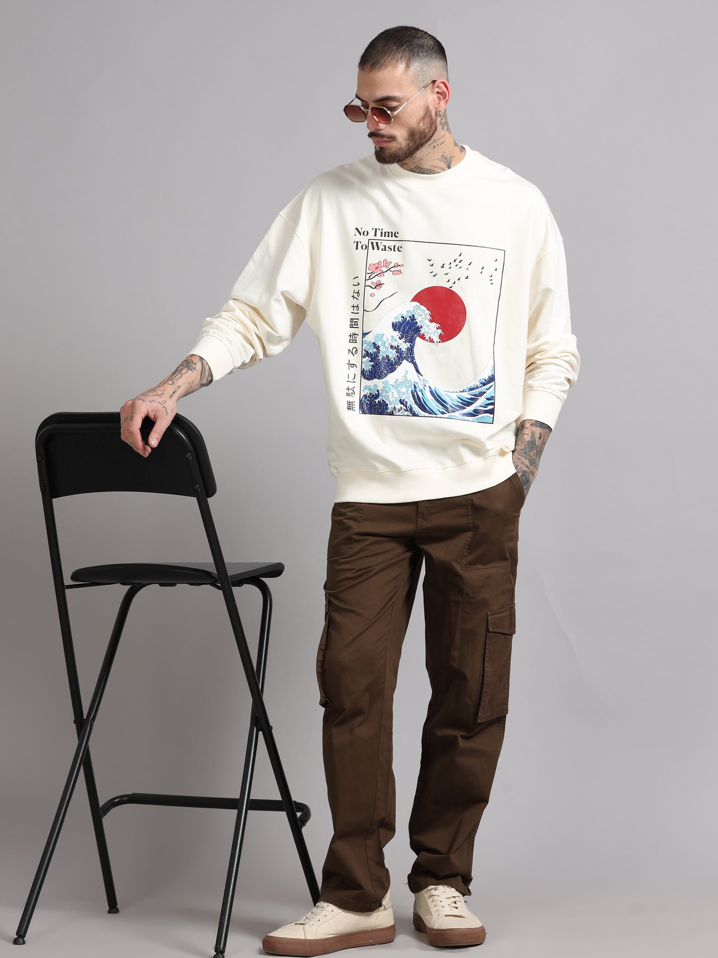 Men Printed Oversized Sweatshirt Pure Cotton Full Sleeve Off White SILISOUL