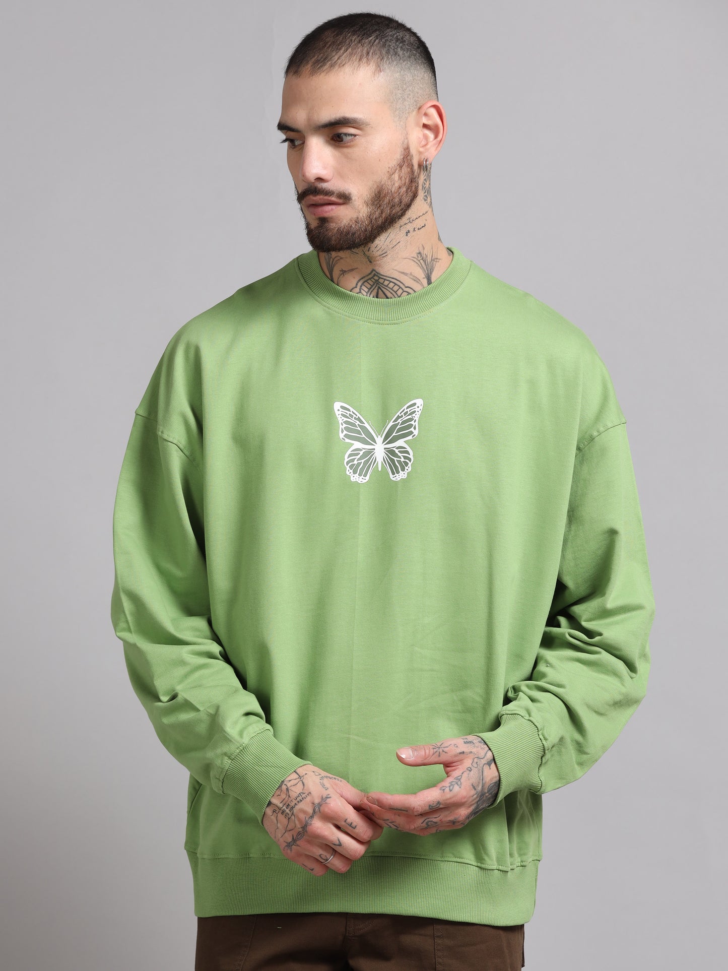 Men Printed Oversized Sweatshirt Pure Cotton Full Sleeve Green SILISOUL