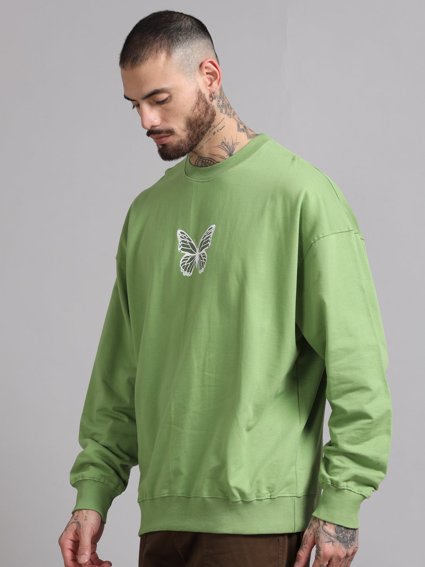 Men Printed Oversized Sweatshirt Pure Cotton Full Sleeve Green