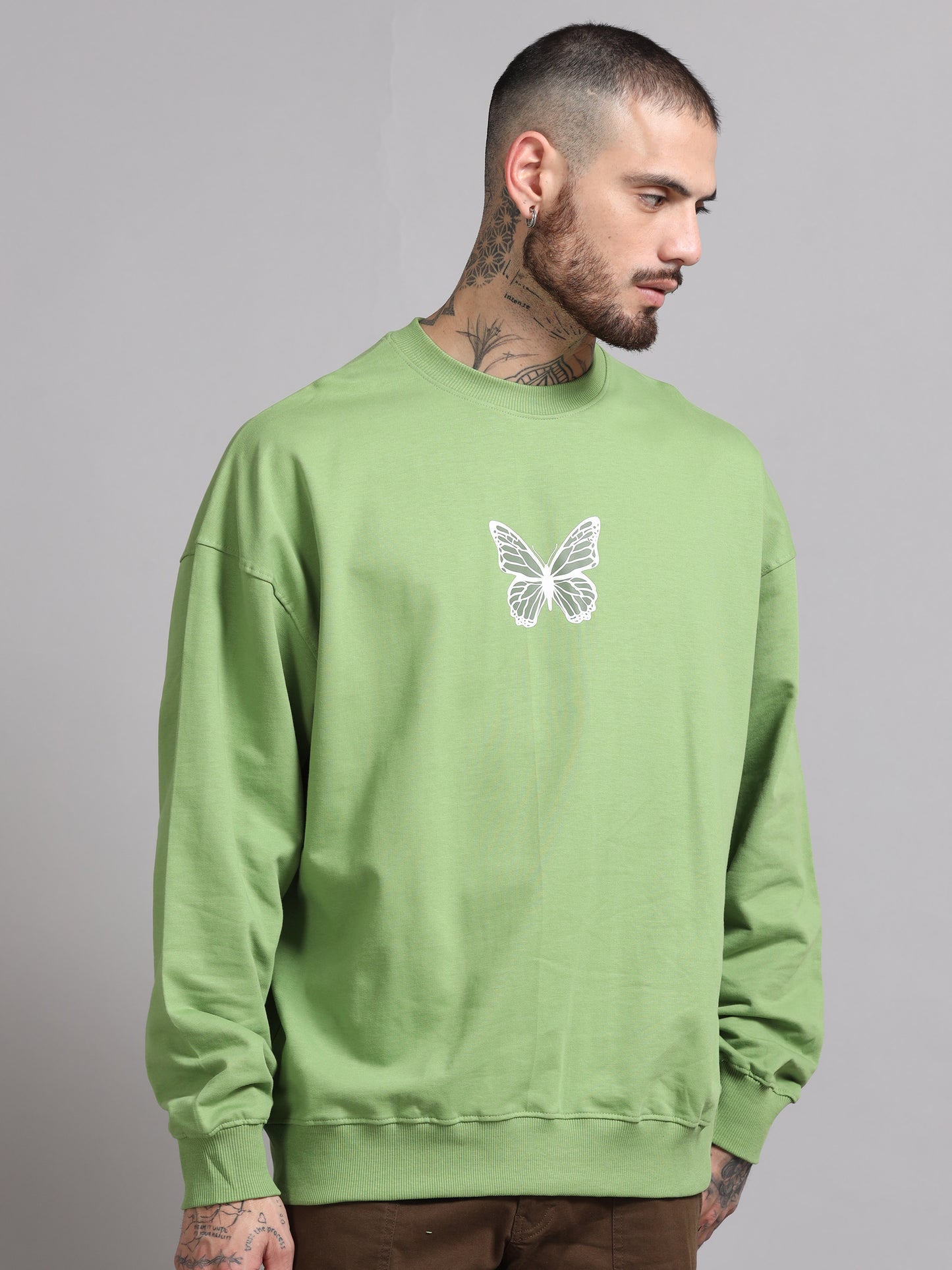 Men Printed Oversized Sweatshirt Pure Cotton Full Sleeve Green