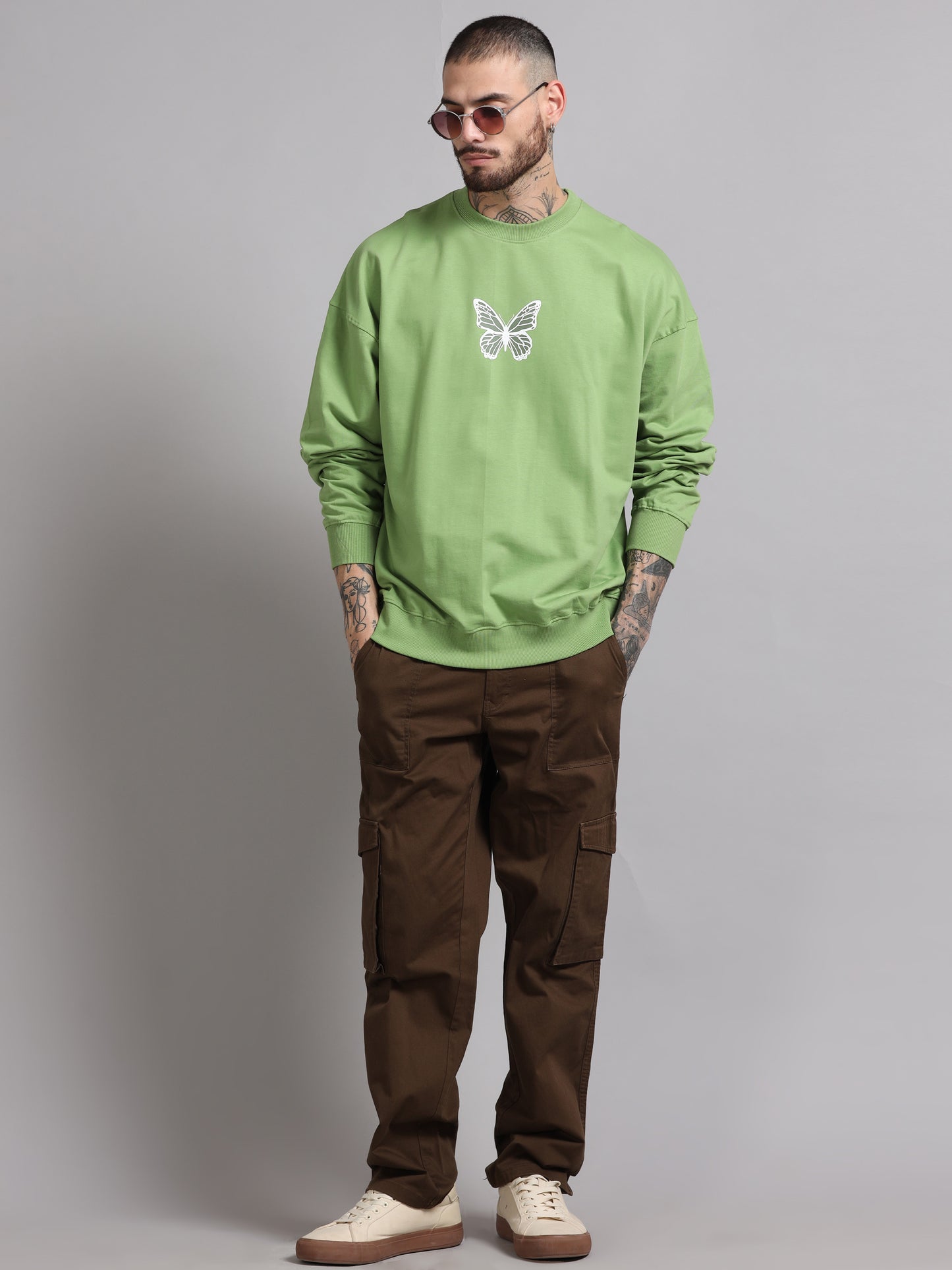 Men Printed Oversized Sweatshirt Pure Cotton Full Sleeve Green SILISOUL