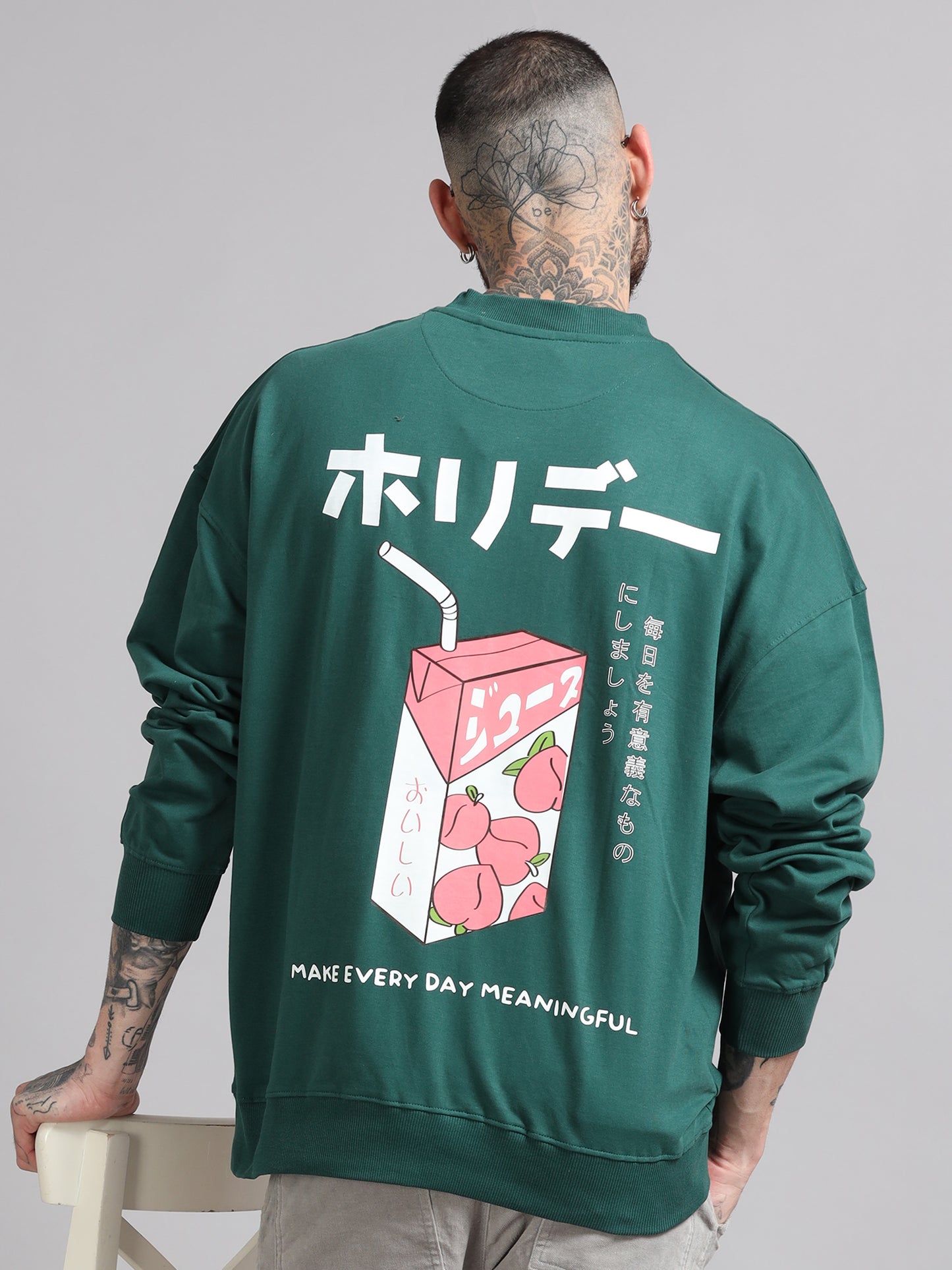 Men Printed Oversized Sweatshirt Pure Cotton Terry Fabric Full Sleeve Green