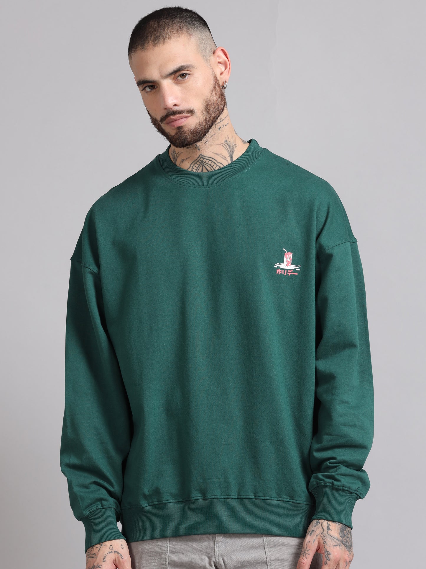 Men Printed Oversized Sweatshirt Pure Cotton Terry Fabric Full Sleeve Green