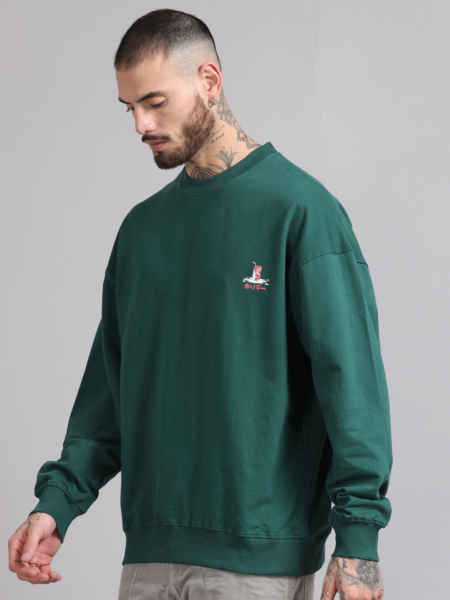 Men Printed Oversized Sweatshirt Pure Cotton Terry Fabric Full Sleeve Green SILISOUL