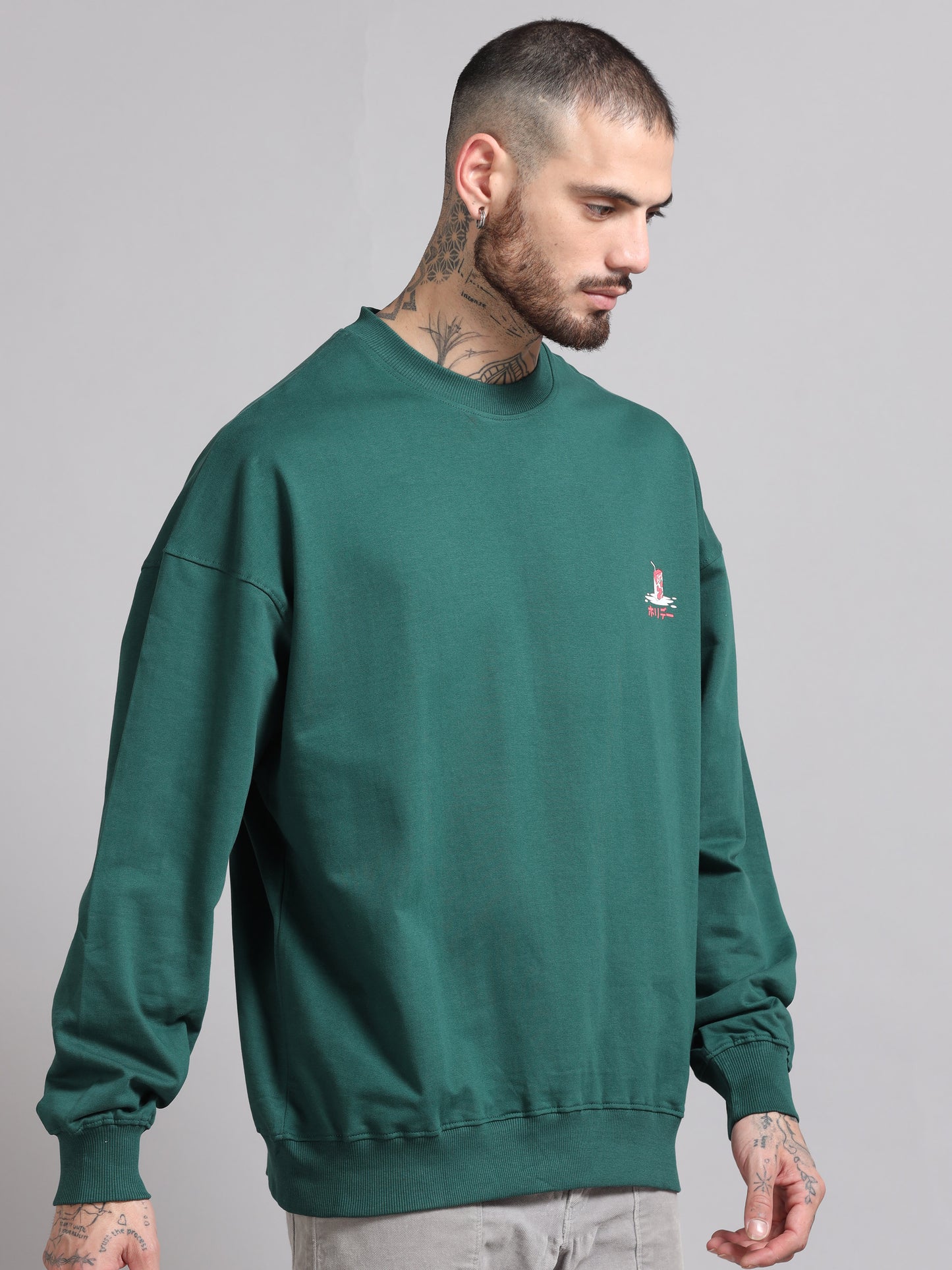 Men Printed Oversized Sweatshirt Pure Cotton Terry Fabric Full Sleeve Green