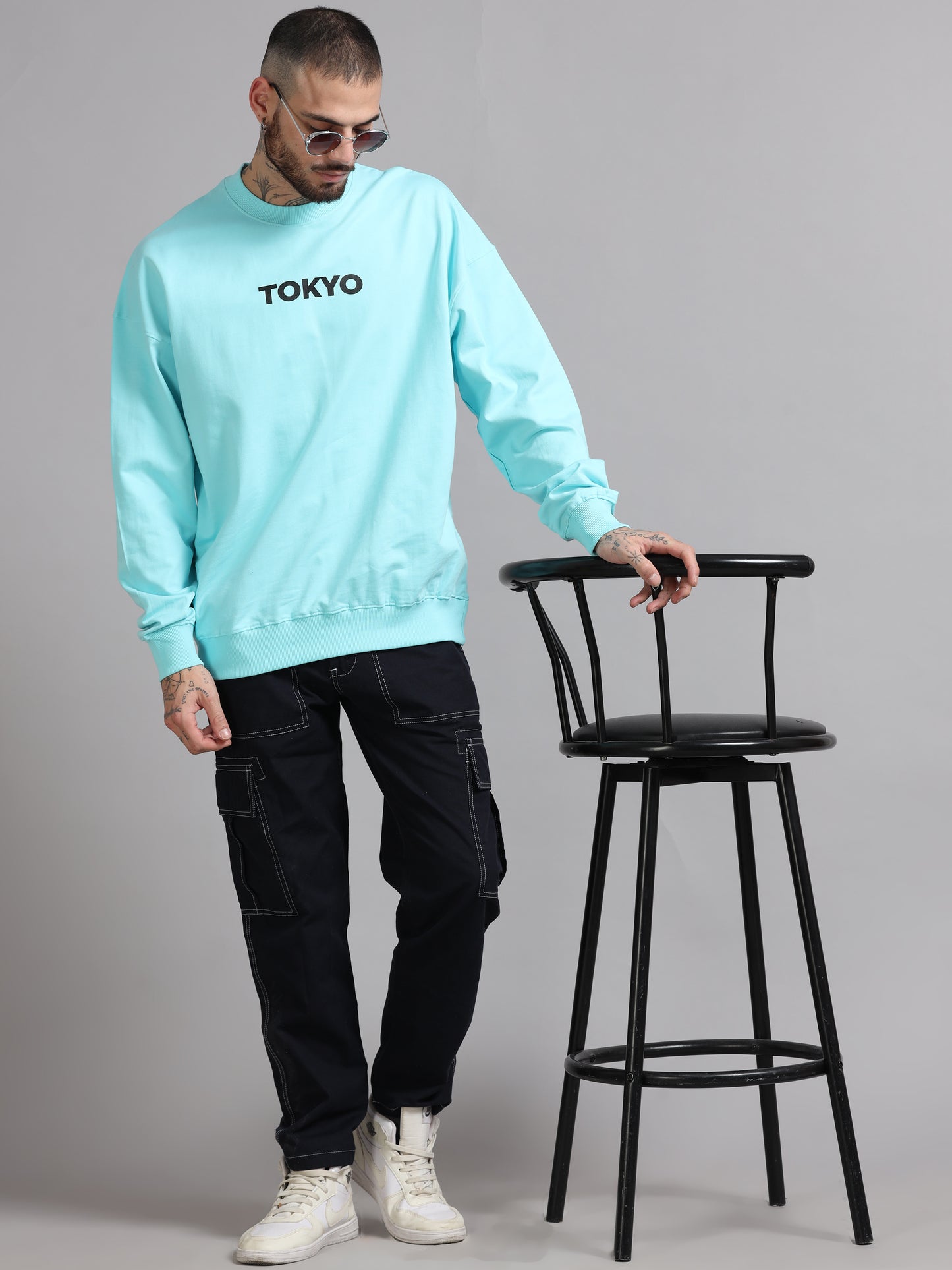 Men Tokyo Printed Oversized Sweatshirt Pure Cotton Aqua