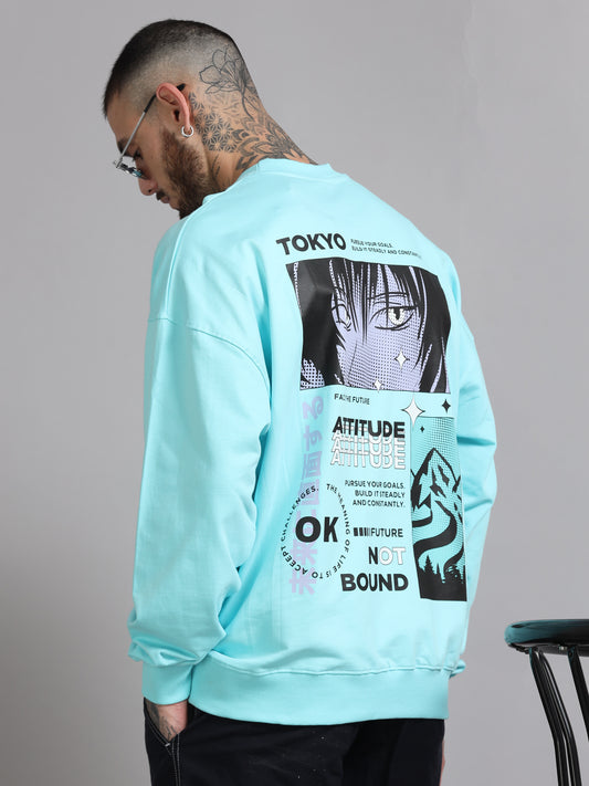 Men Tokyo Printed Oversized Sweatshirt Pure Cotton Aqua