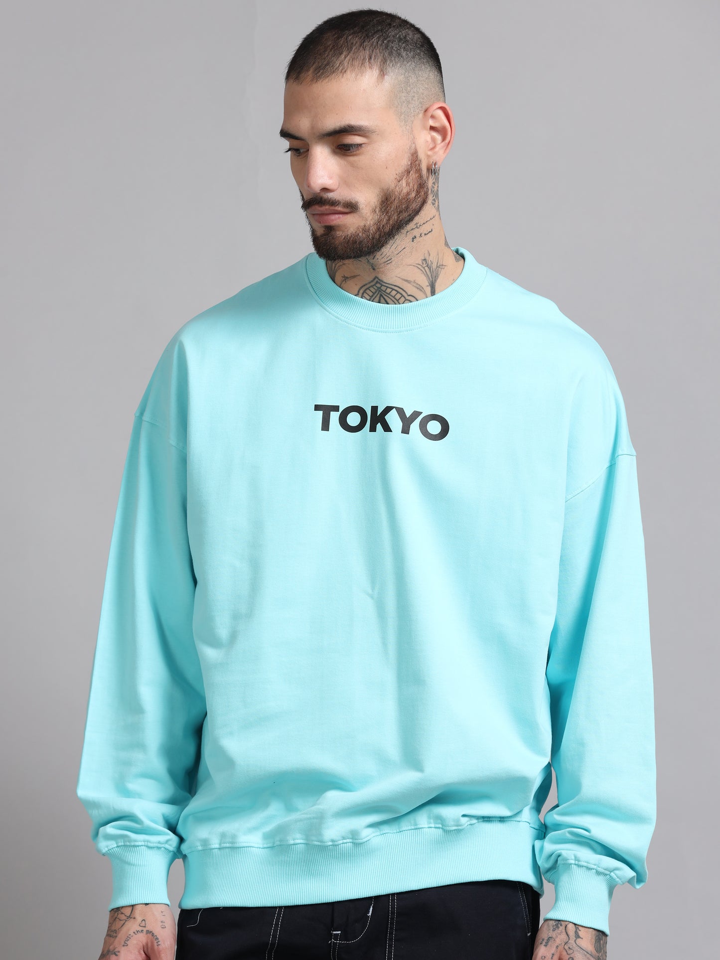 Men Tokyo Printed Oversized Sweatshirt Pure Cotton Aqua