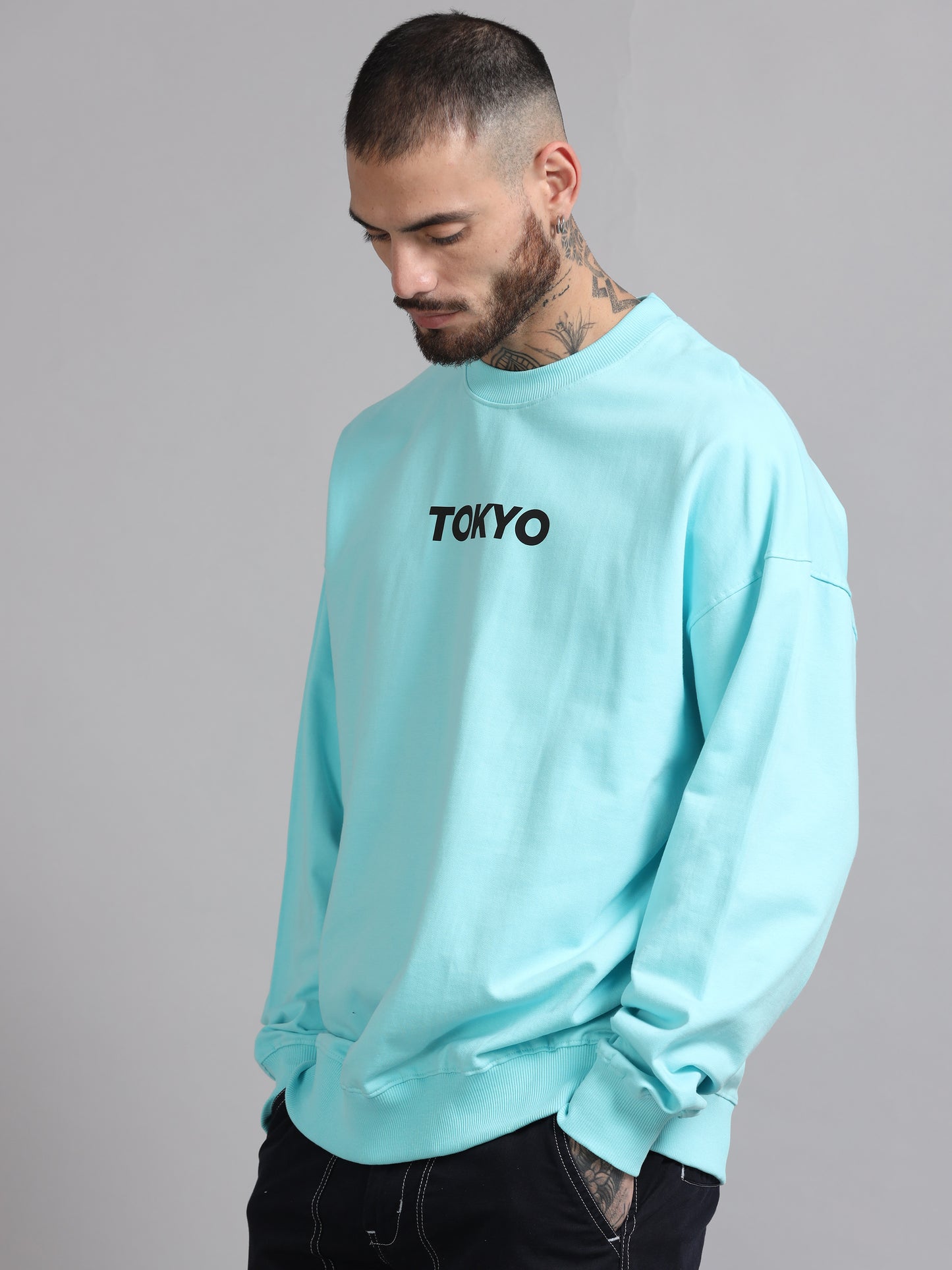 Men Tokyo Printed Oversized Sweatshirt Pure Cotton Aqua