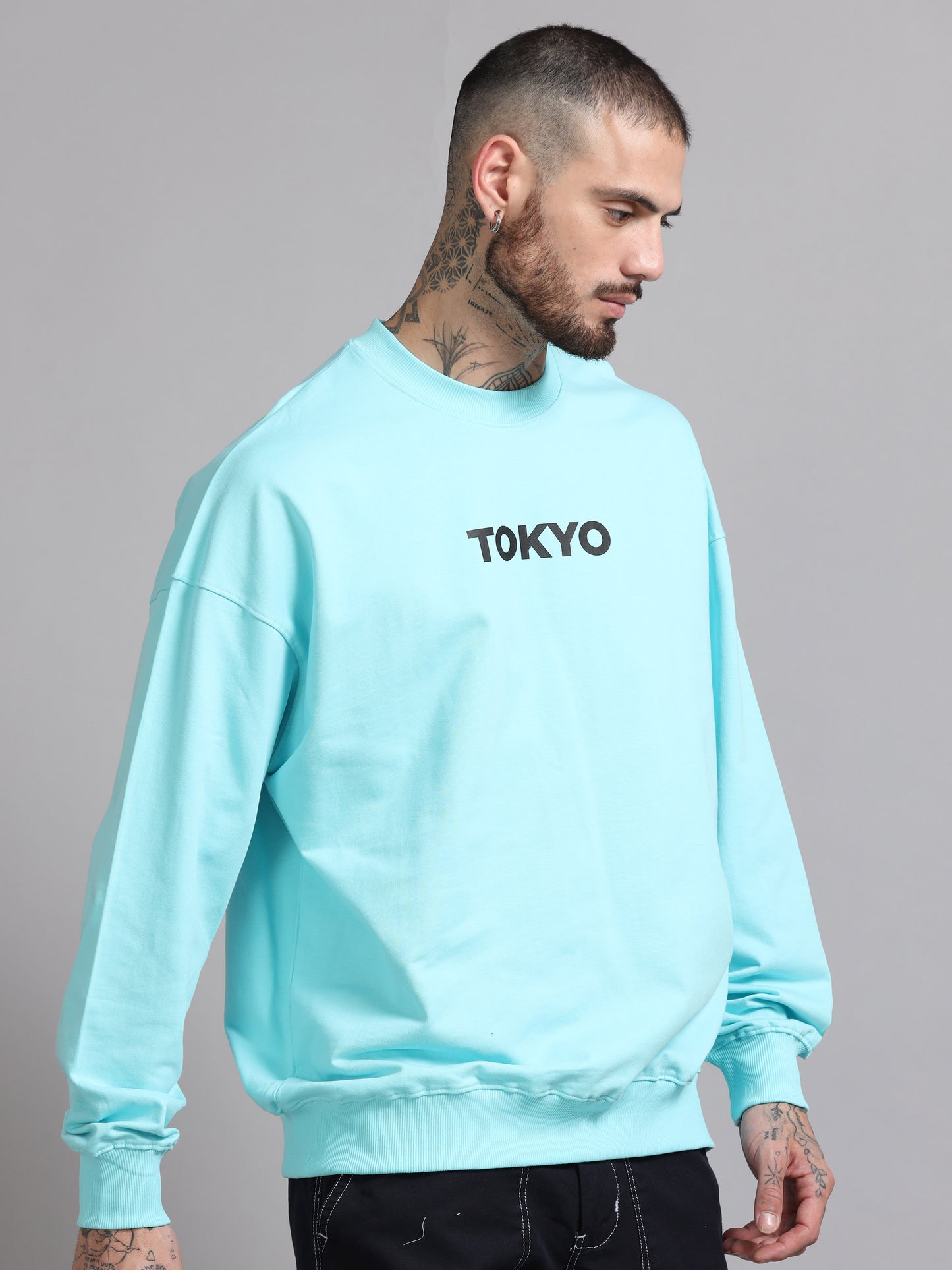 Men Tokyo Printed Oversized Sweatshirt Pure Cotton Aqua