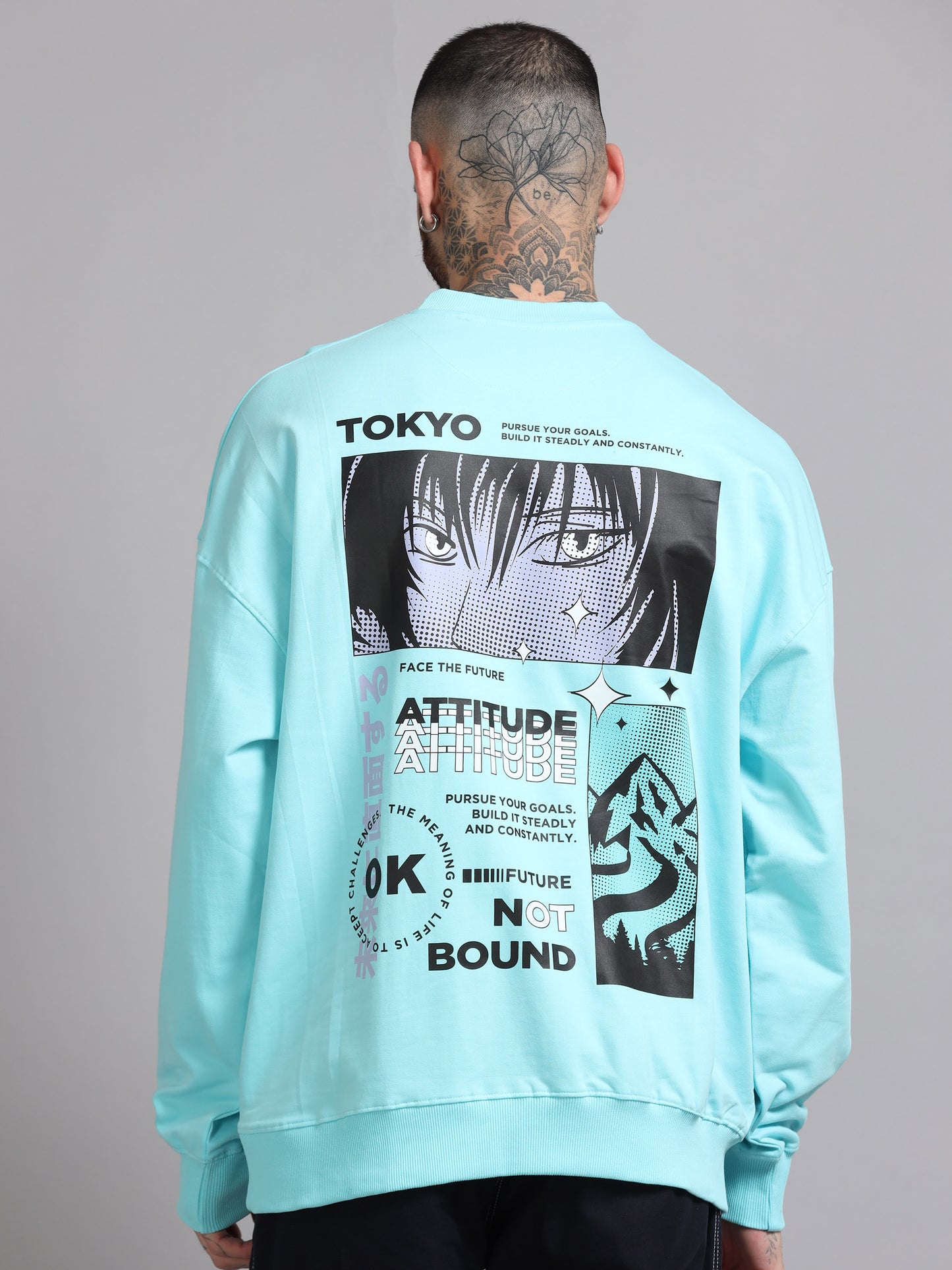 Men Tokyo Printed Oversized Sweatshirt Pure Cotton Aqua