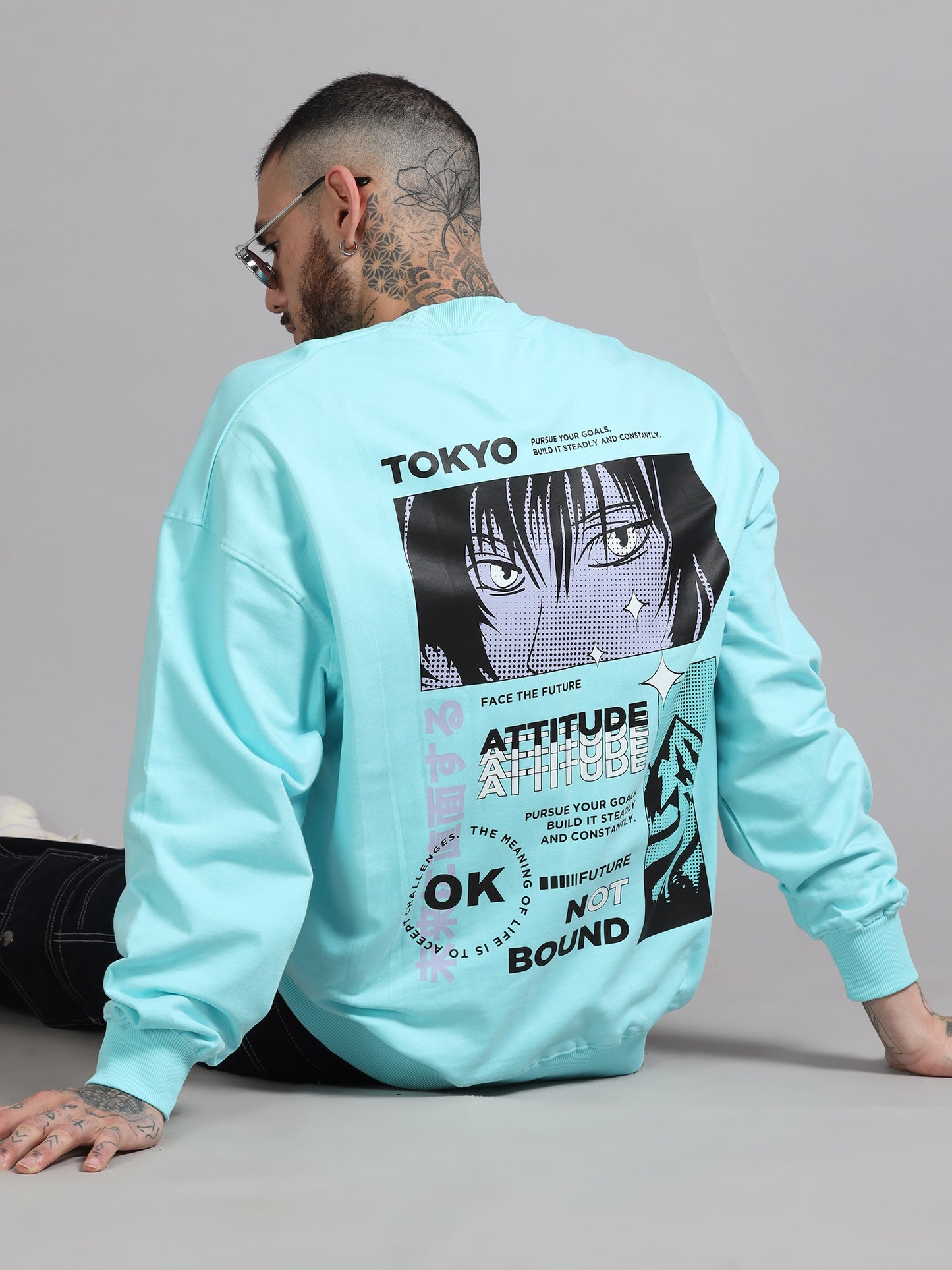 Men Tokyo Printed Oversized Sweatshirt Pure Cotton Aqua