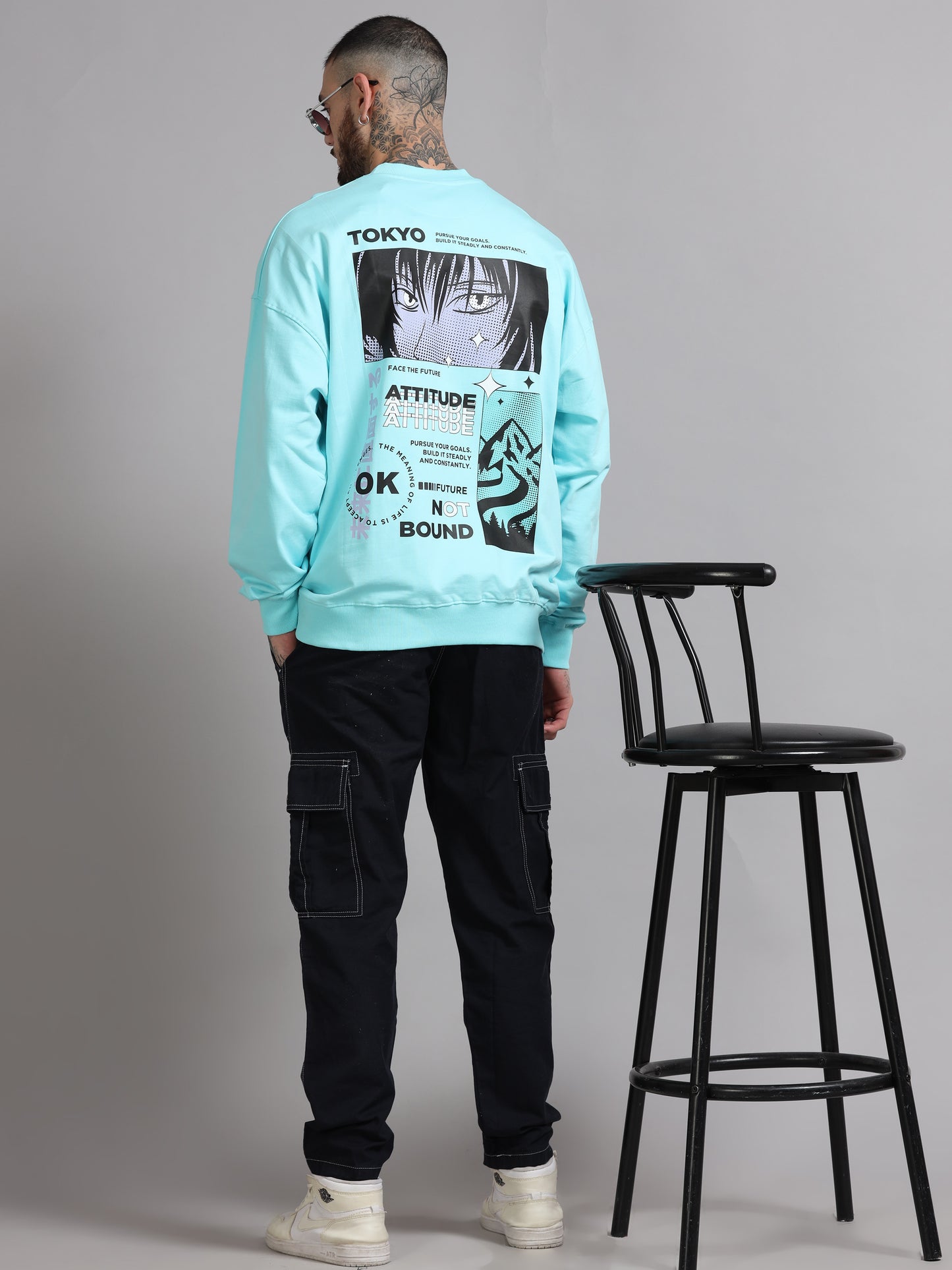 Men Tokyo Printed Oversized Sweatshirt Pure Cotton Aqua