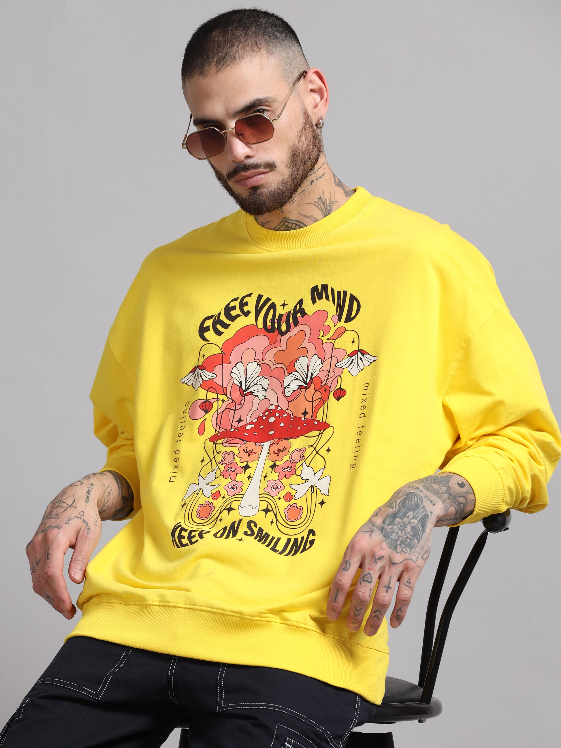 Men Printed Oversized Sweatshirt Pure Cotton Full Sleeve Yellow SILISOUL