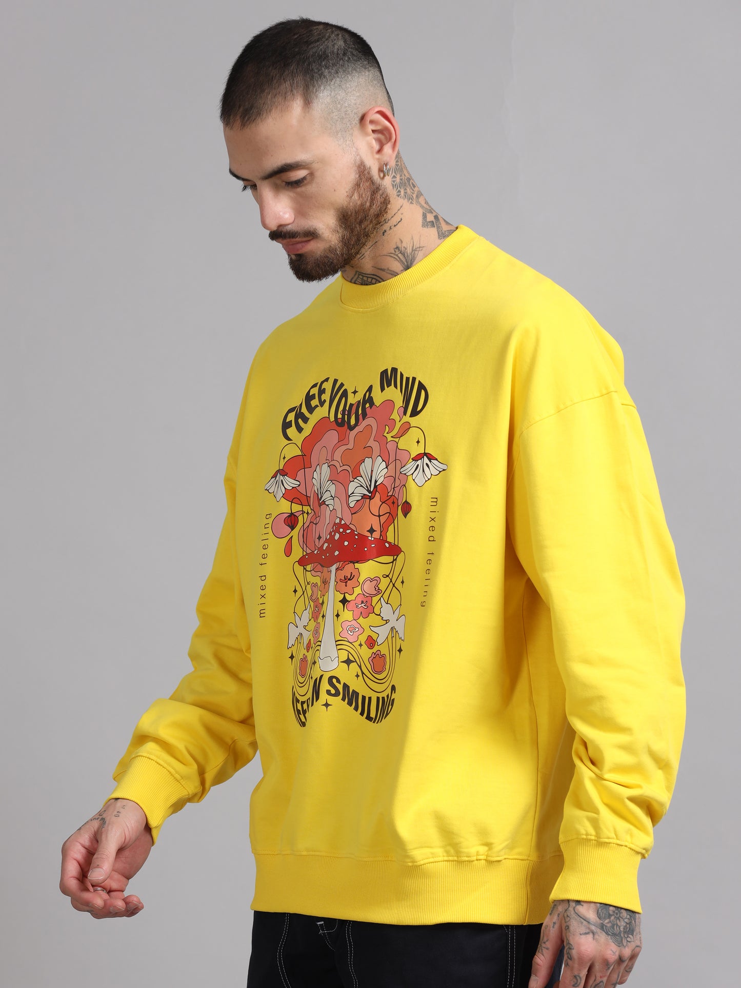 Men Printed Oversized Sweatshirt Pure Cotton Full Sleeve Yellow SILISOUL