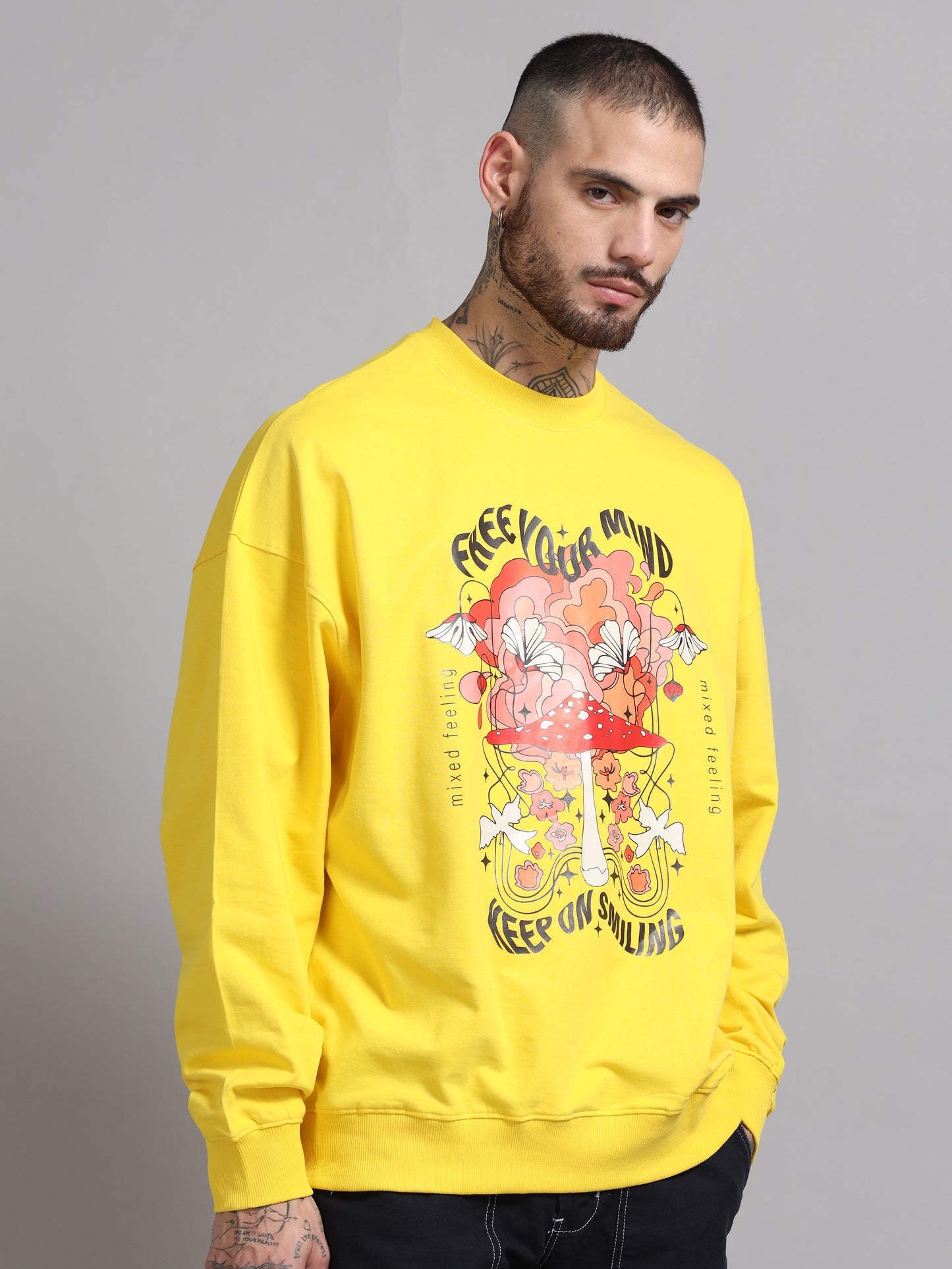 Men Printed Oversized Sweatshirt Pure Cotton Full Sleeve Yellow SILISOUL