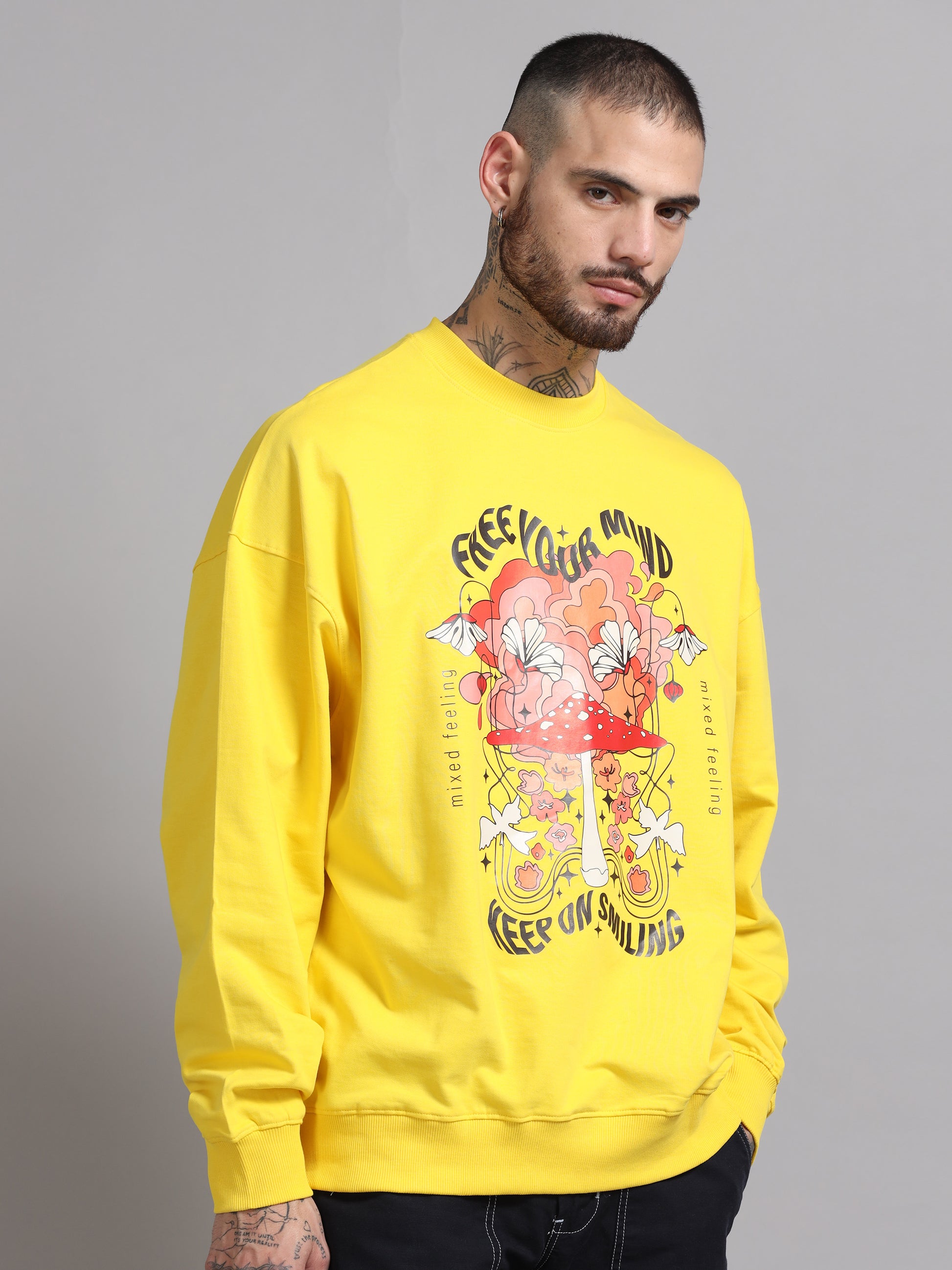 Men Printed Oversized Sweatshirt Pure Cotton Full Sleeve Yellow SILISOUL