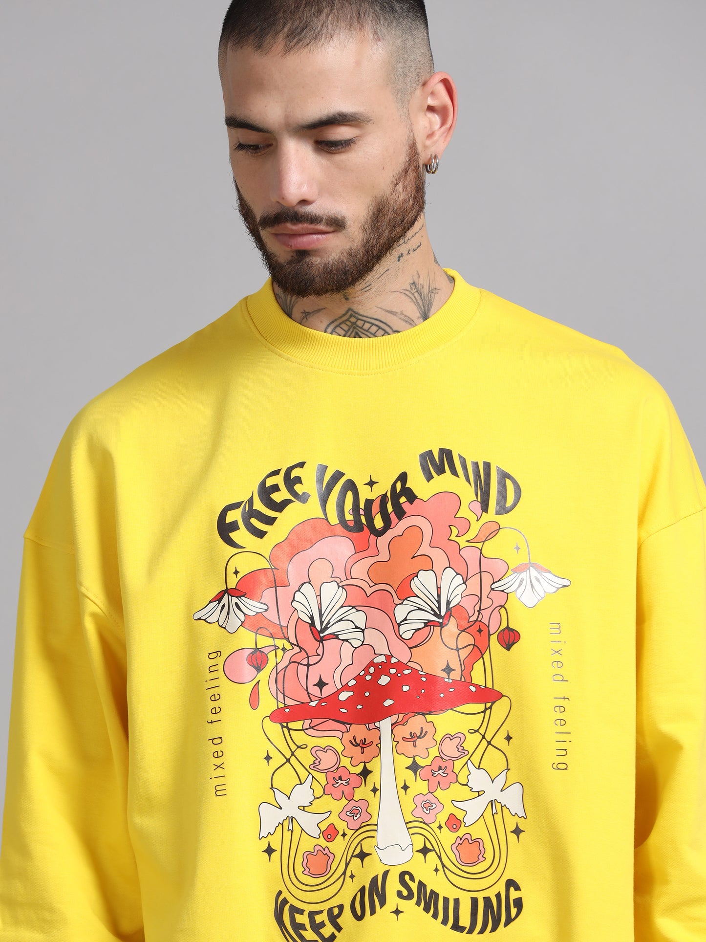 Men Printed Oversized Sweatshirt Pure Cotton Full Sleeve Yellow SILISOUL