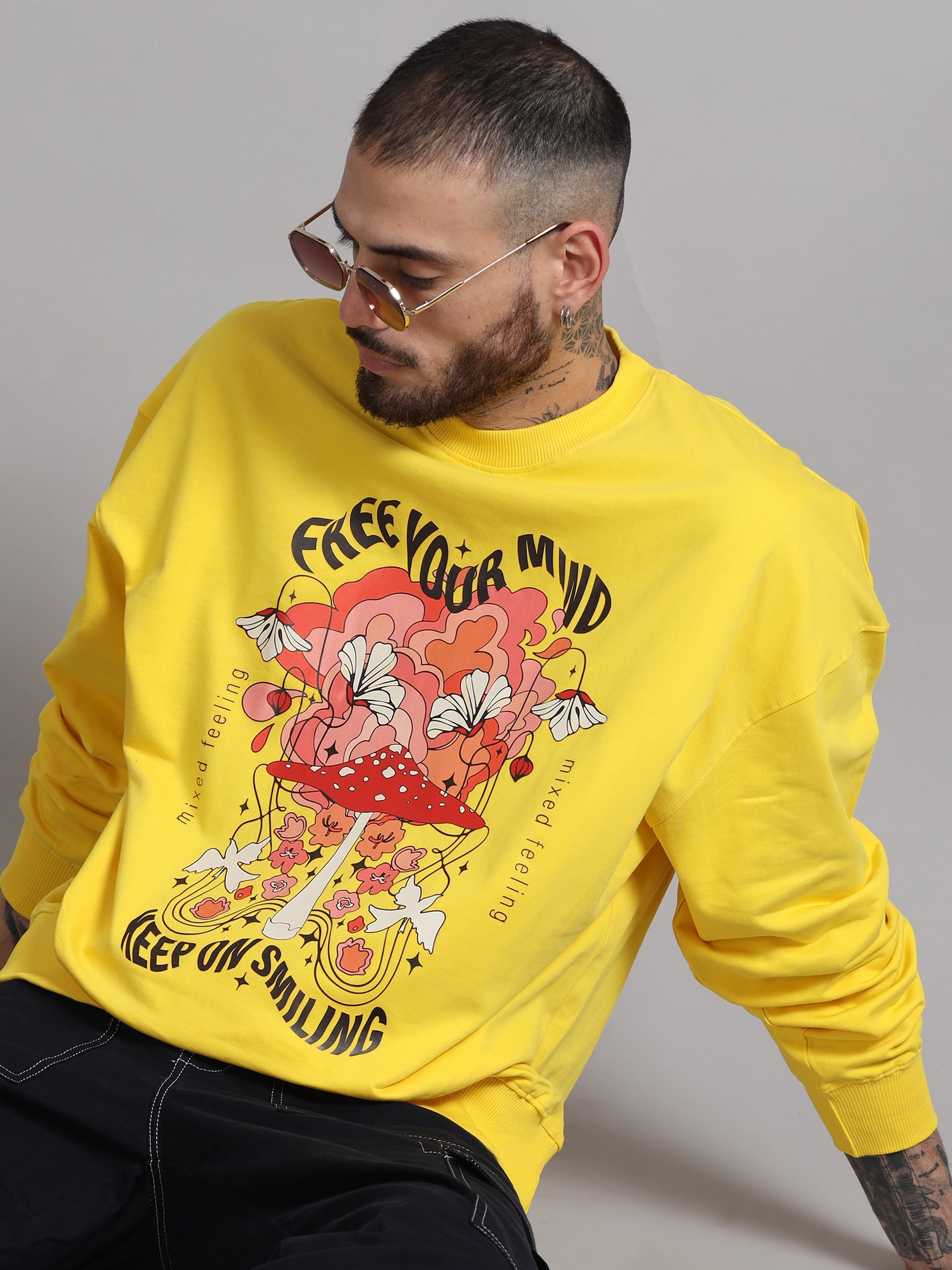 Men Printed Oversized Sweatshirt Pure Cotton Full Sleeve Yellow SILISOUL