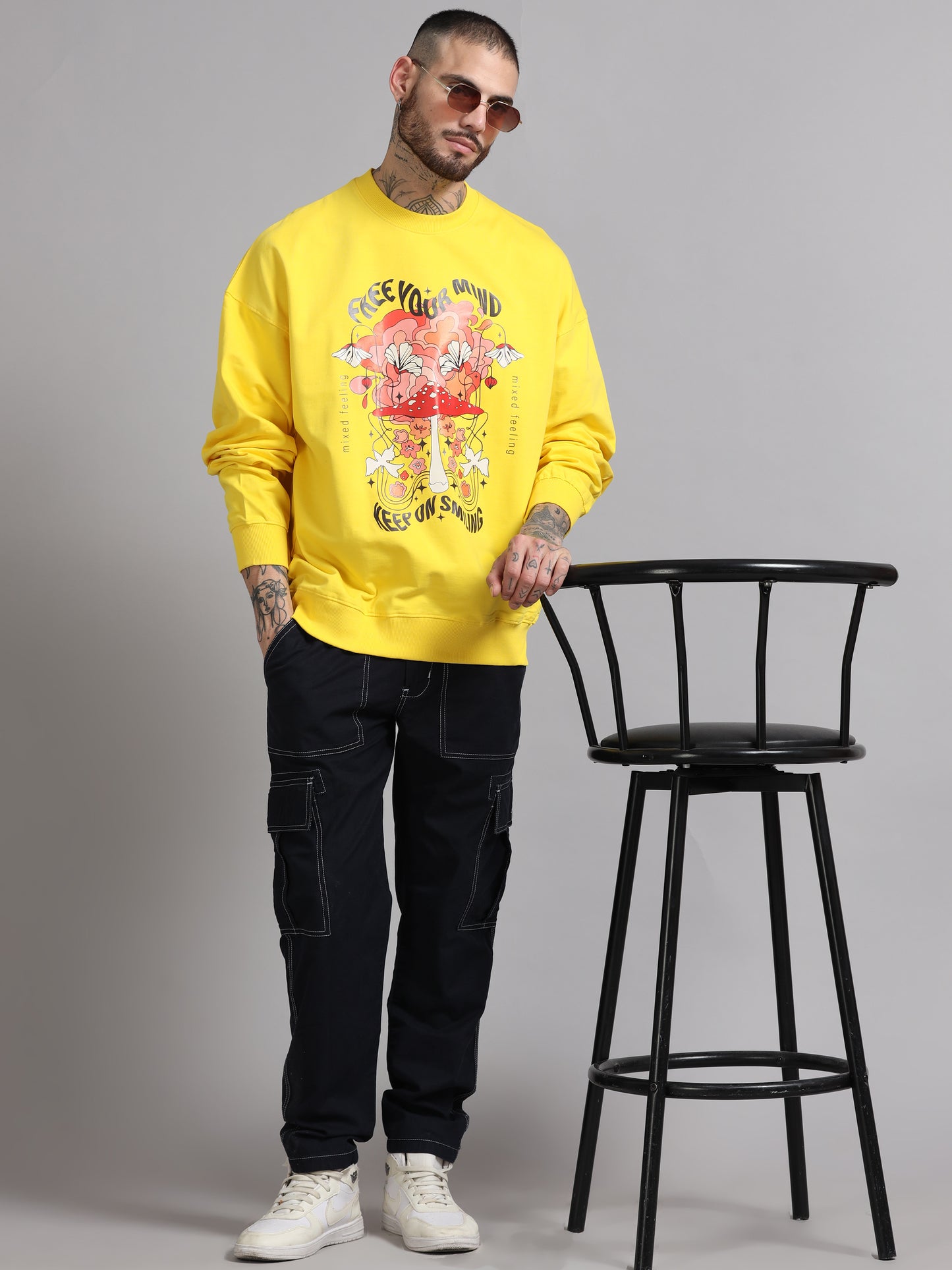 Men Printed Oversized Sweatshirt Pure Cotton Full Sleeve Yellow SILISOUL