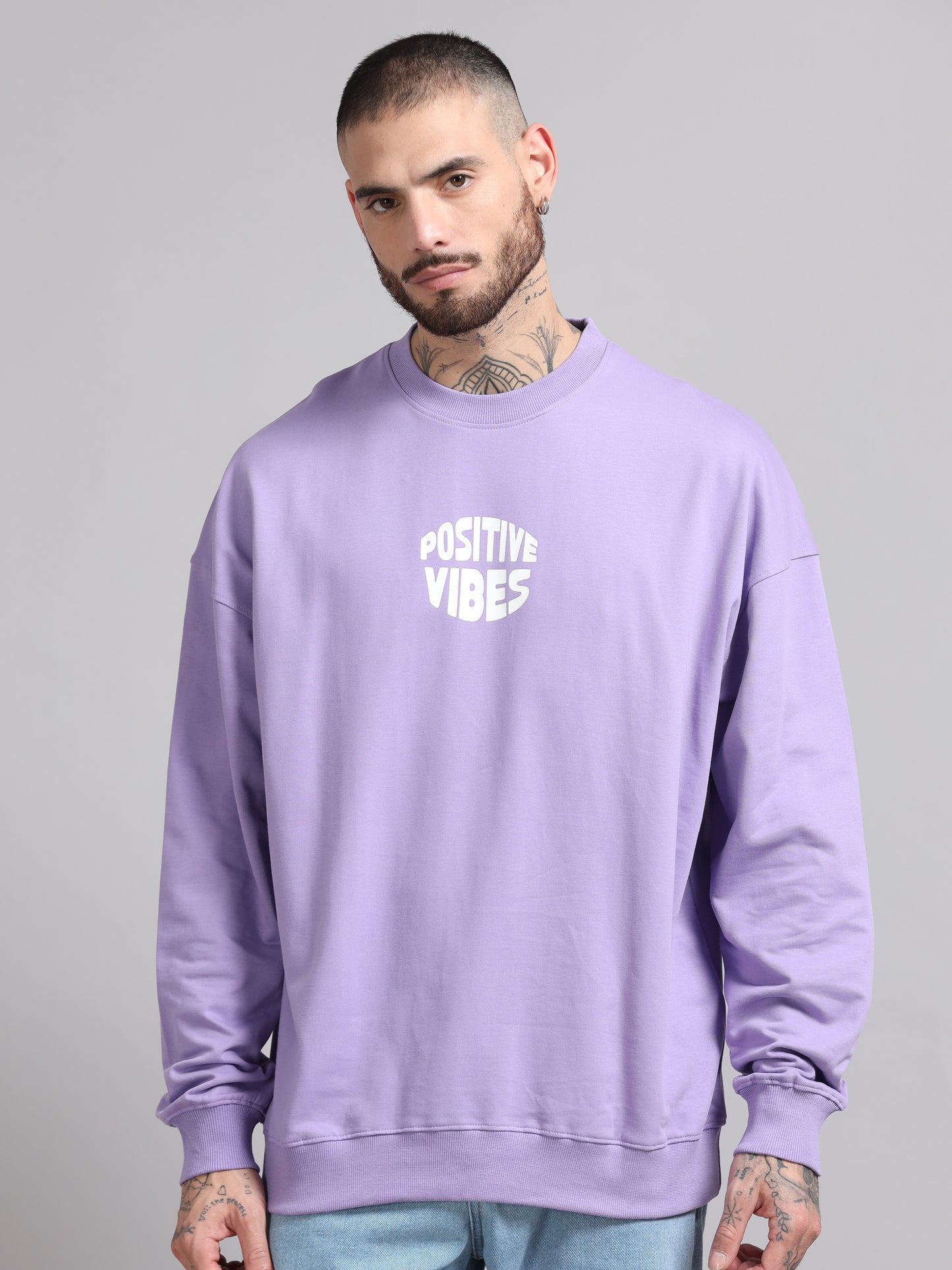 Men Printed Oversized Sweatshirt Pure Cotton Full Sleeve Lavender