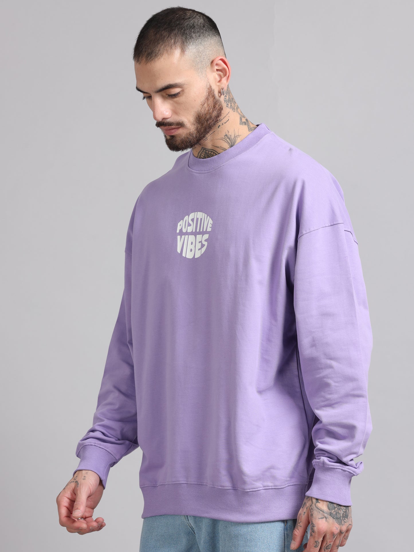 Men Printed Oversized Sweatshirt Pure Cotton Full Sleeve Lavender SILISOUL