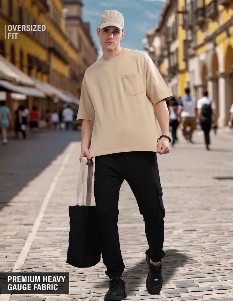 Men Beige Solid Oversized T-Shirt